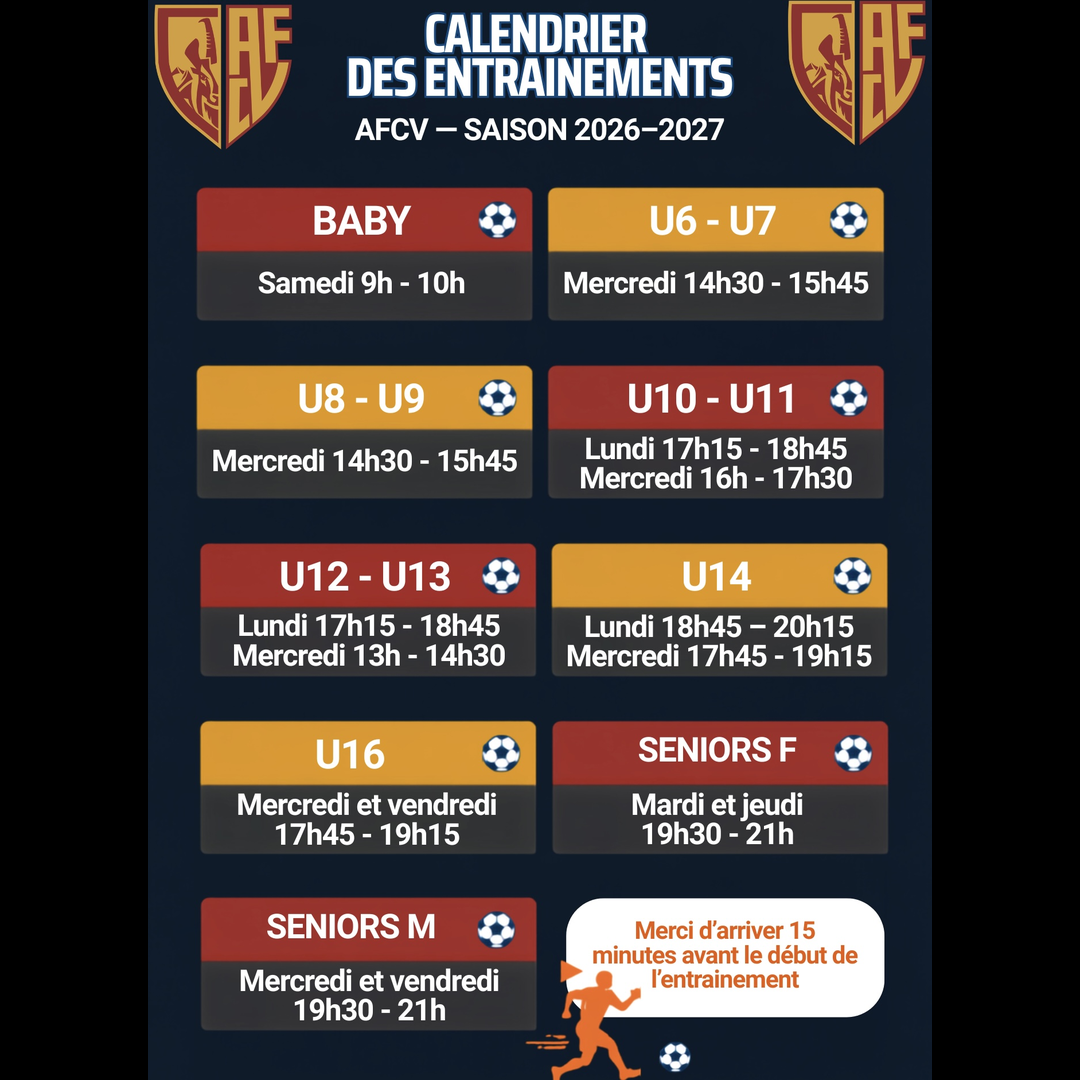 Horaires d’entraînements 2026-2027